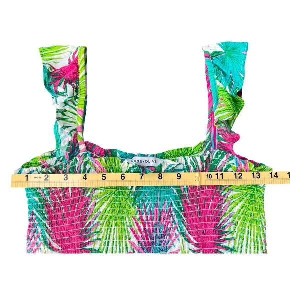 Rose + Olive Smocked Palm Leaf Print Ruffle Strap Tank Top - Size Medium - Picture 6 of 9